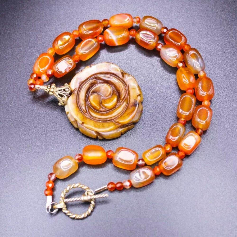 Vintage Chinese Carnelian Carved Agate Rose Pendant Necklace Sterling Clasp